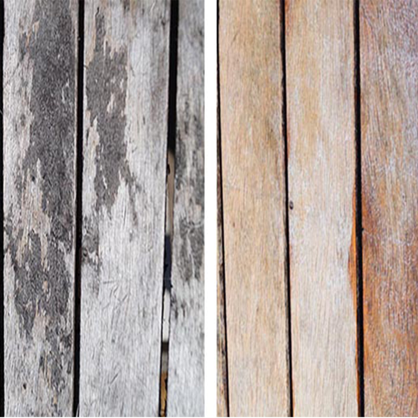 Skurborste rengör effektivt trallens yta genom att ta bort smuts och alger. Före behandlingen ser trallen väderbiten ut, medan den efteråt får ett fräschare och renare utseende.