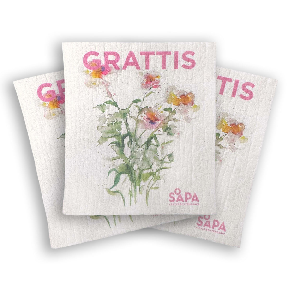 3-pack budskapstrasor med texten 'Grattis' och akvarellmotiv av blommor. Miljövänliga disktrasor från Västerbottenssåpa – hållbar och vacker design för hemmet.