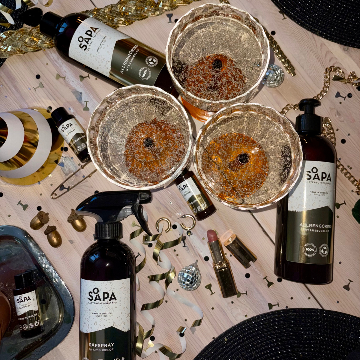 Nyårspaket med såpspray och såpa på pump, med doft av Nyårsbubblor – Limited Edition