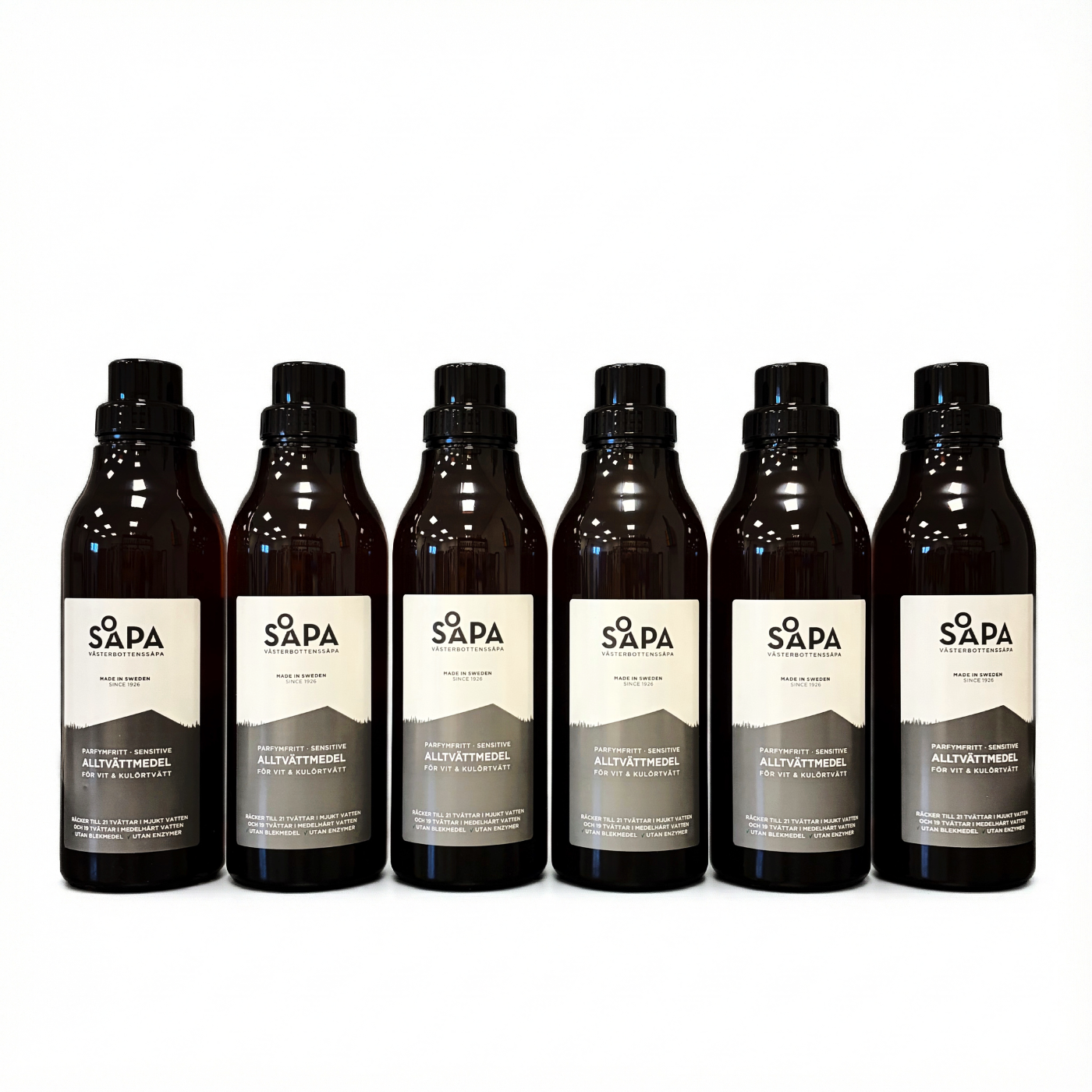 6-pack – Alltvättmedel – Tvättmedel för vit och kulörtvätt, 750 ml per flaska  – Parfymfritt · Sensitive