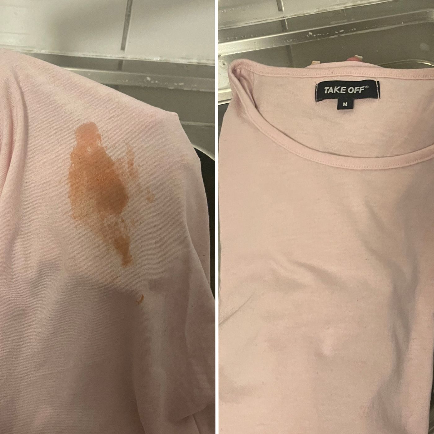 Före och efterbild på en rosa tröja med fläck, tvättad med effektivt miljövänligt tvättmedel. Tar bort svåra fläckar utan blekmedel eller skadliga kemikalier.