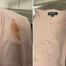 Före och efterbild på en rosa tröja med fläck, tvättad med effektivt miljövänligt tvättmedel. Tar bort svåra fläckar utan blekmedel eller skadliga kemikalier.