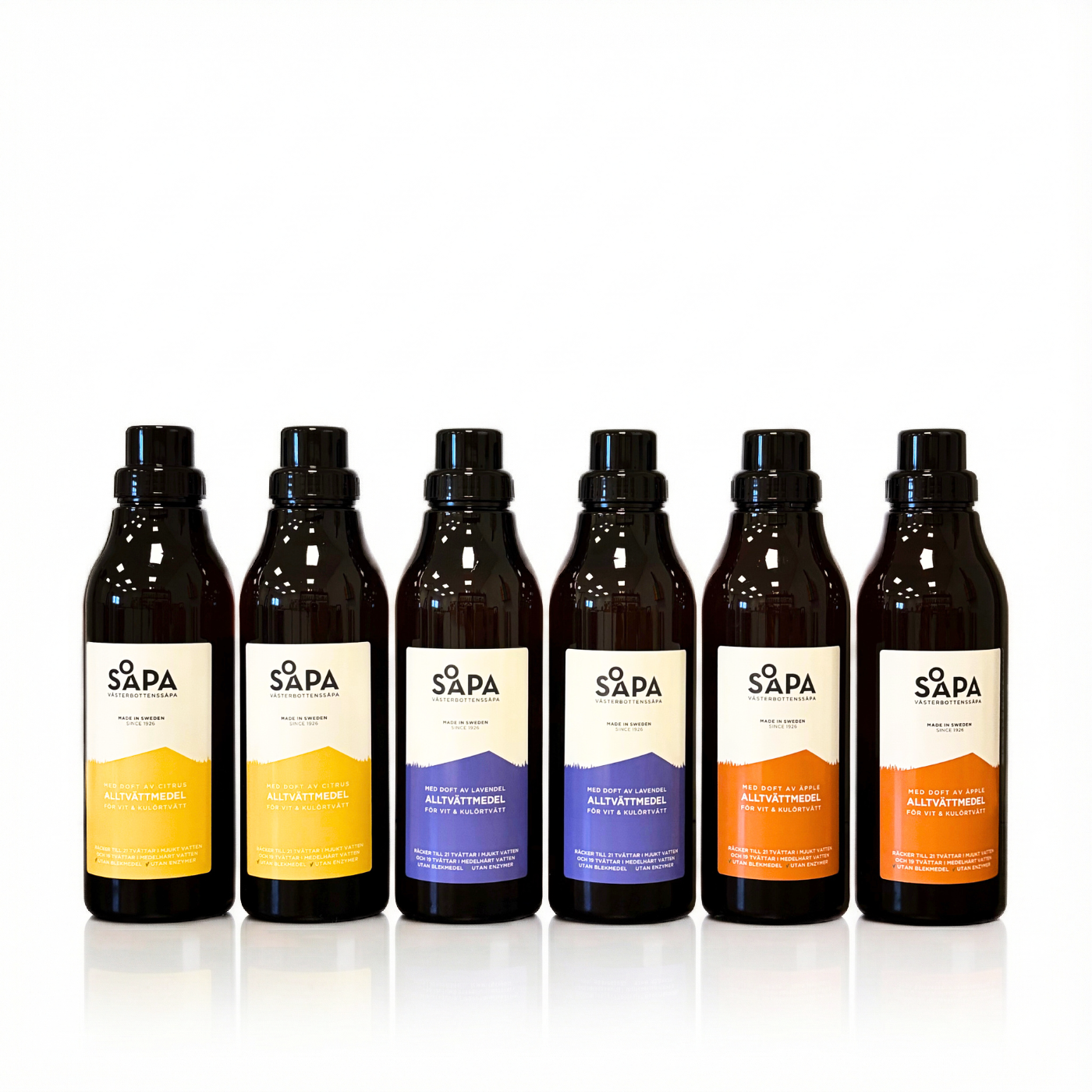 6-pack – Alltvättmedel – Tvättmedel för vit och kulörtvätt, 750 ml per flaska – Tre dofter att upptäcka