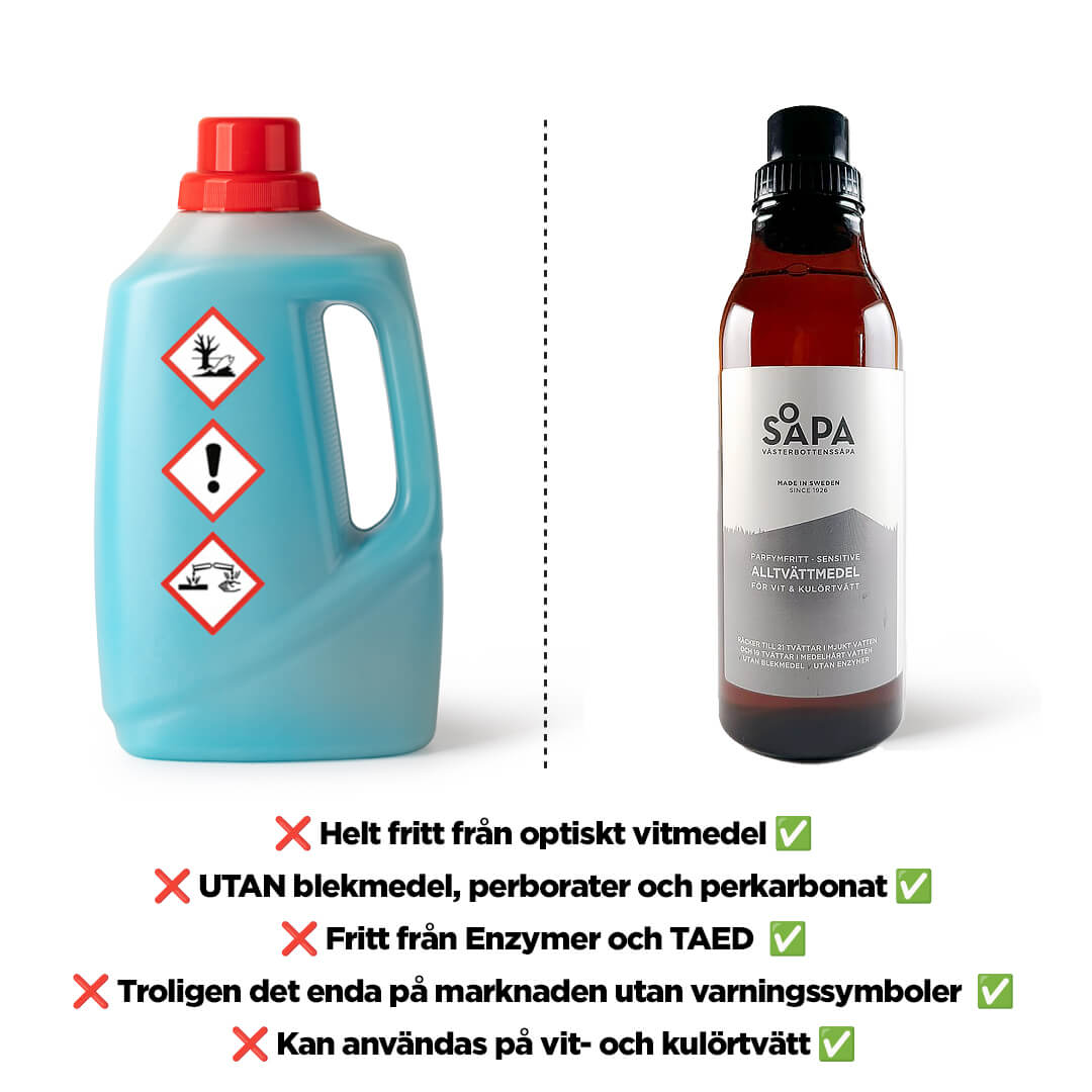 Jämförelse mellan vanligt tvättmedel och milt naturligt tvättmedel utan doft, enzymer och blekmedel