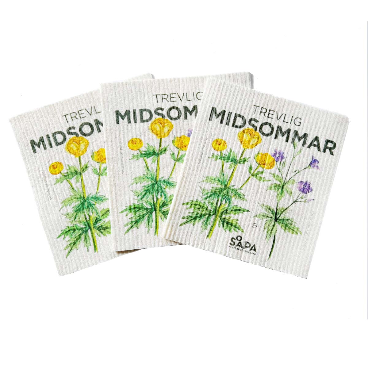 Miljövänliga disktrasor med midsommarhälsning och vackra blomster.