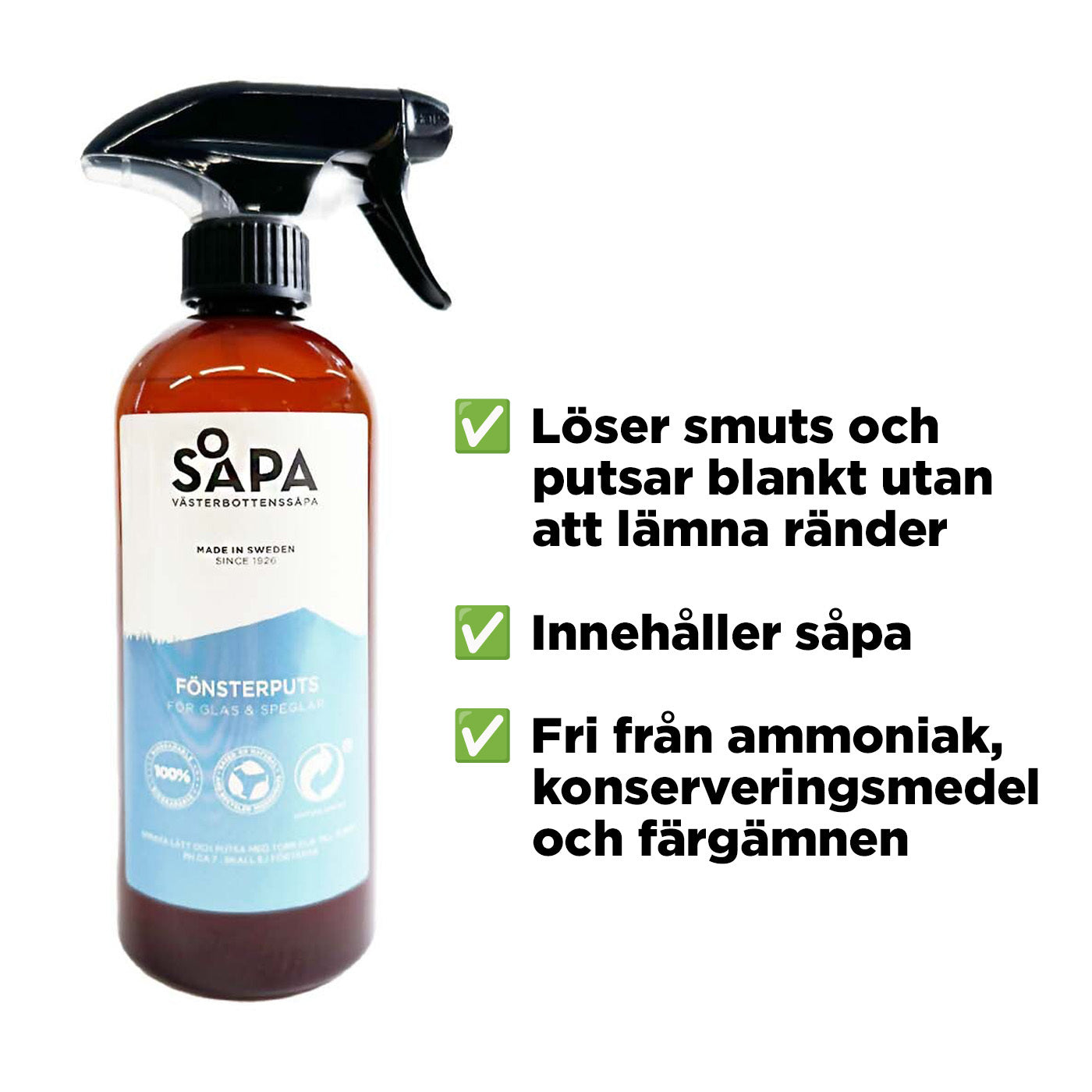 Västerbottenssåpa Fönsterputsspray ger kristallklara glas och speglar utan att lämna ränder. Den är fri från ammoniak, konserveringsmedel och färgämnen. Miljövänlig och naturlig. 