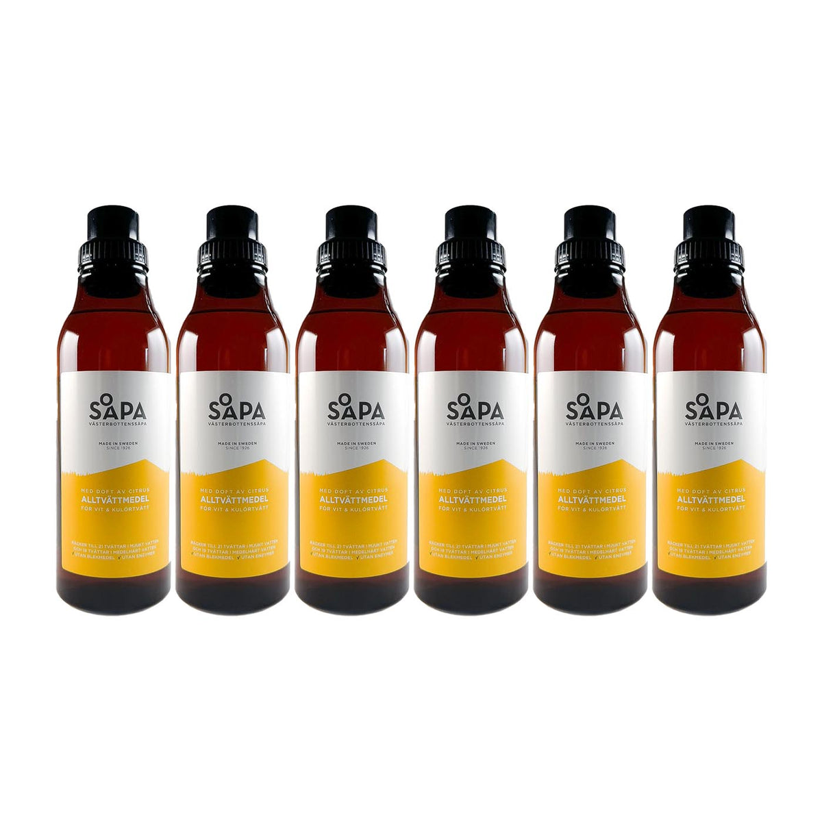 6-pack ekologiskt tvättmedel för vit- och kulörtvätt, med doft av citrus