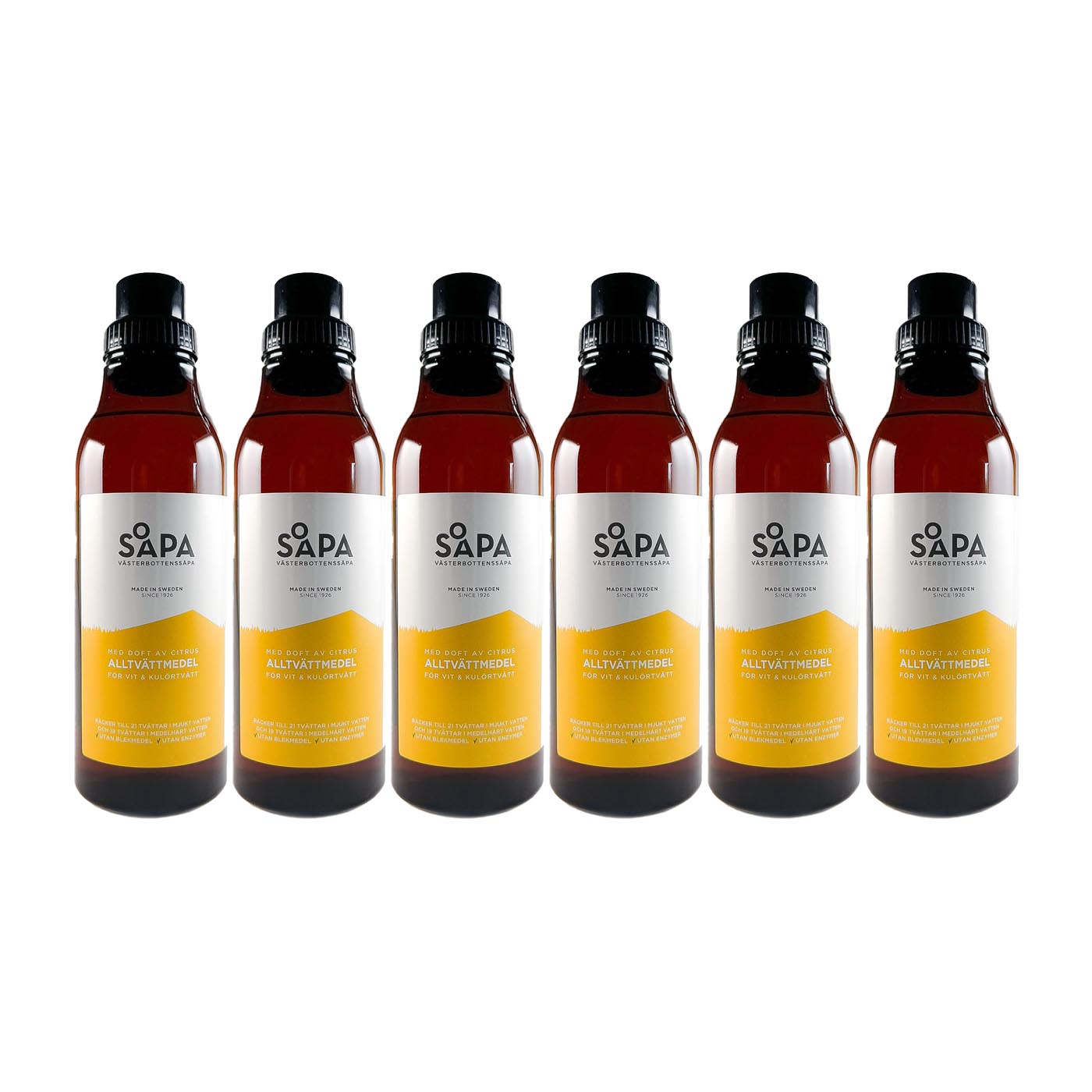 6-pack ekologiskt tvättmedel för vit- och kulörtvätt, med doft av citrus