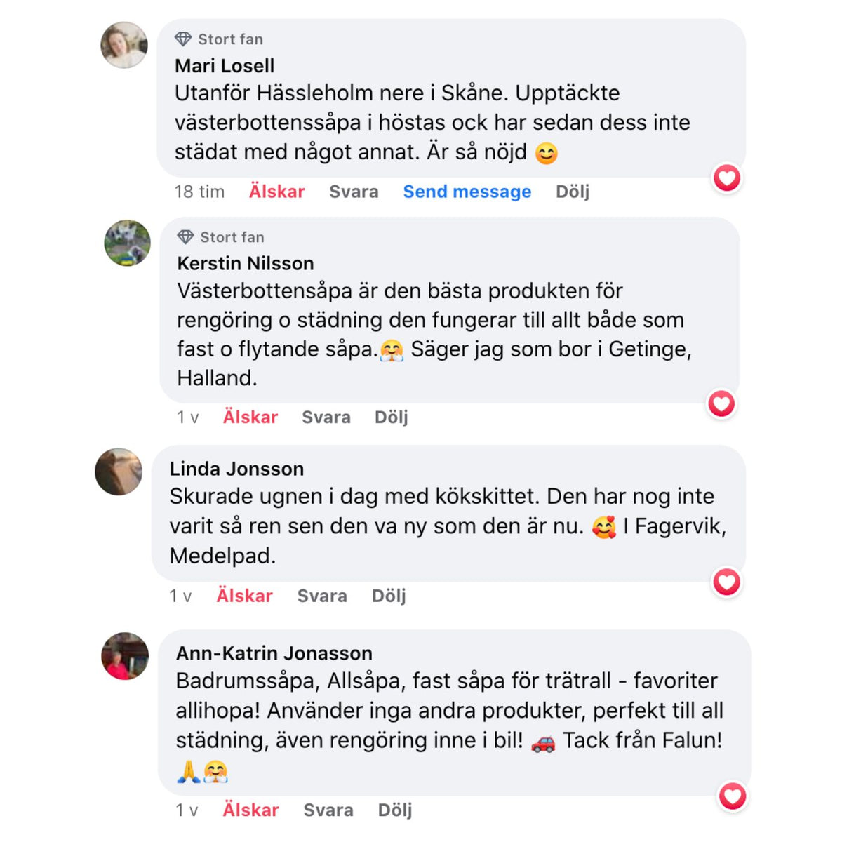 Positiva Facebook kommentarer från nöjda kunder som har testat Västerbottenssåpa produkter. 