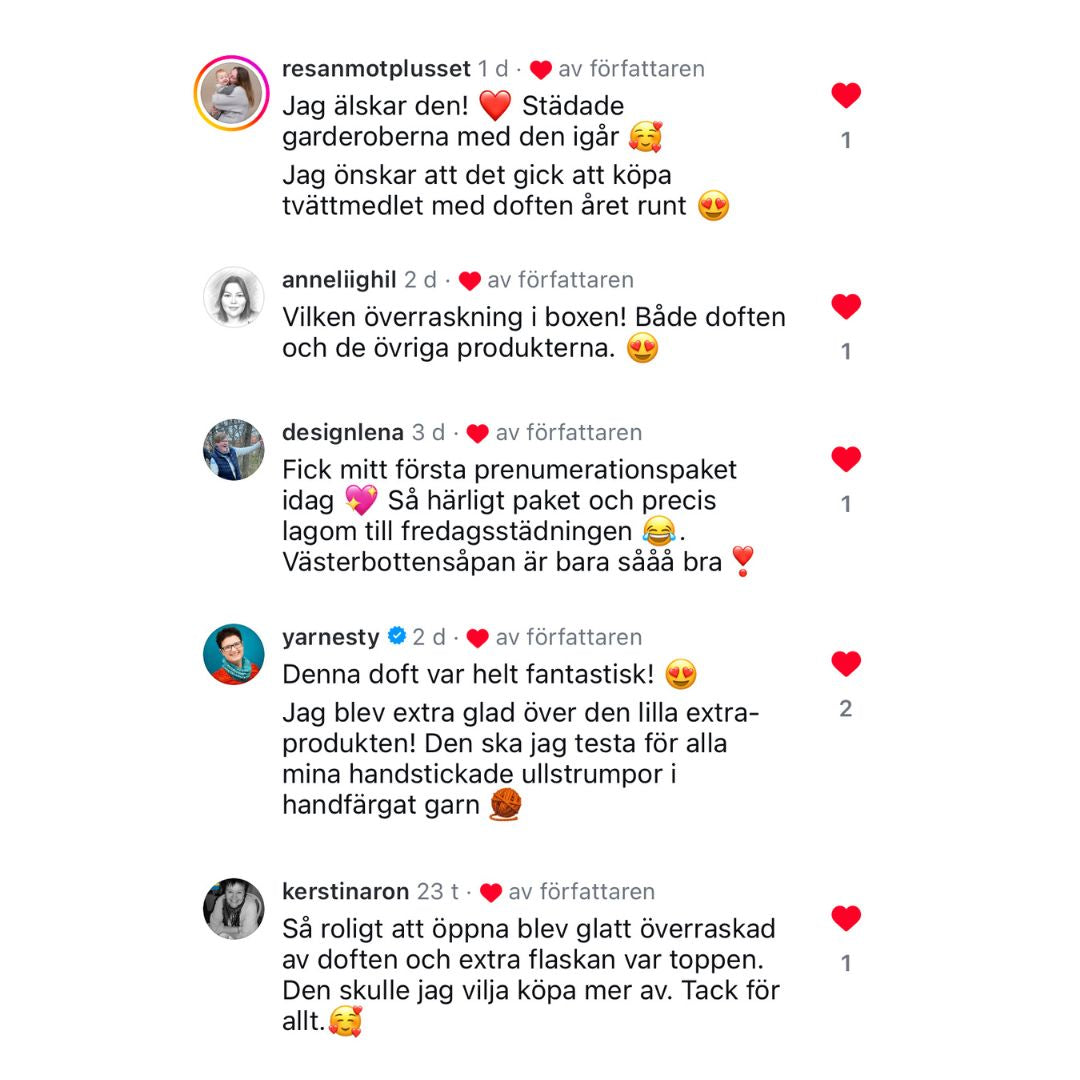 En bils som visar kundernas positiva kommentarer om Västerbottenssåpa säsongsdoft prenumeration. 