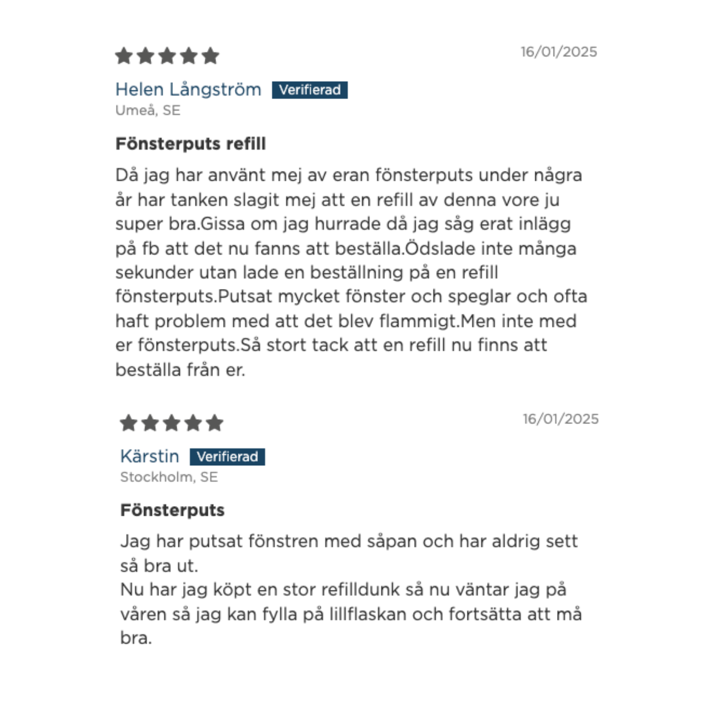 En bild som visar positiva recensioner som kunderna har lämnat på hemsidan om fönsterputs refillen. 