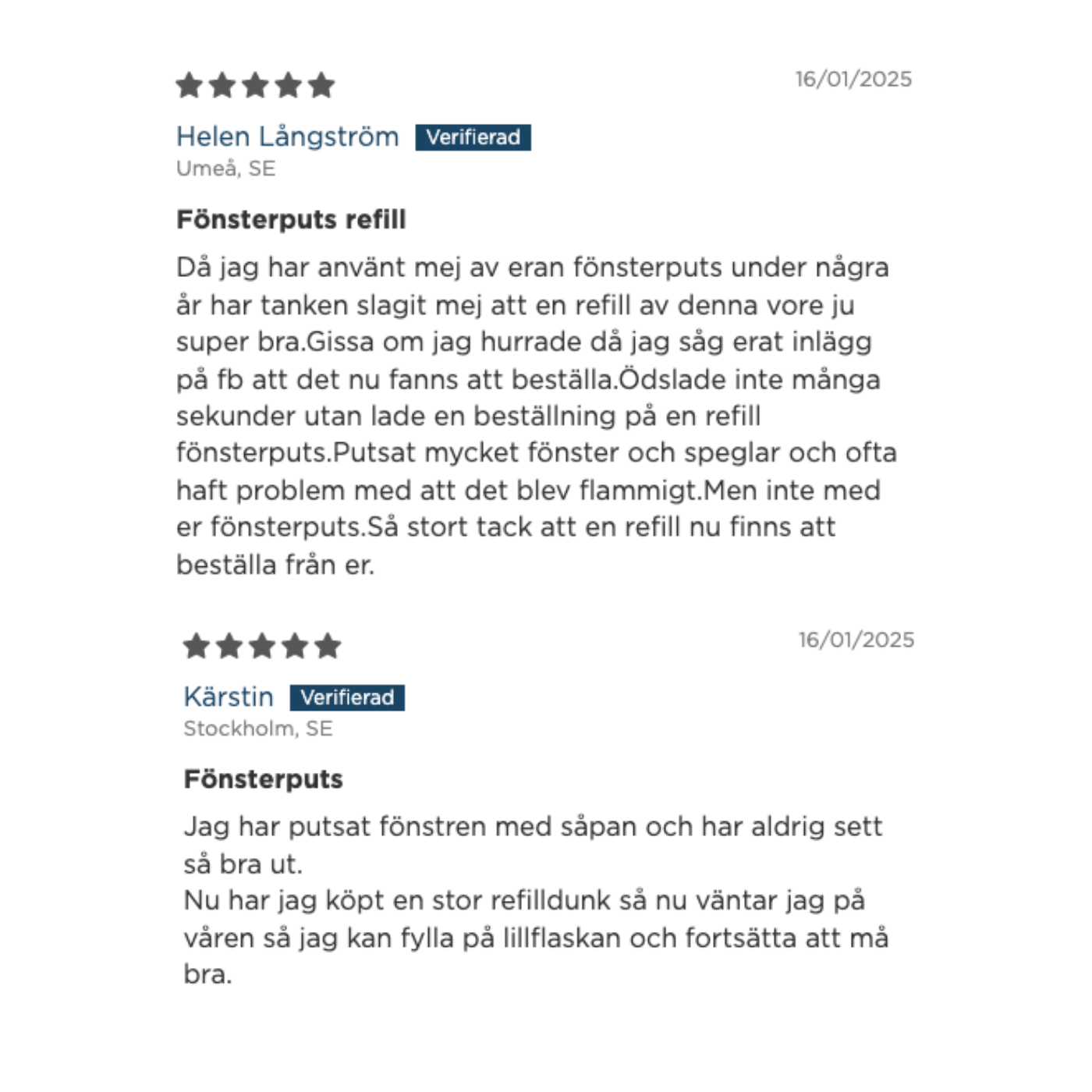 En bild som visar positiva recensioner som kunderna har lämnat på hemsidan om Fönsterputs refillen. 