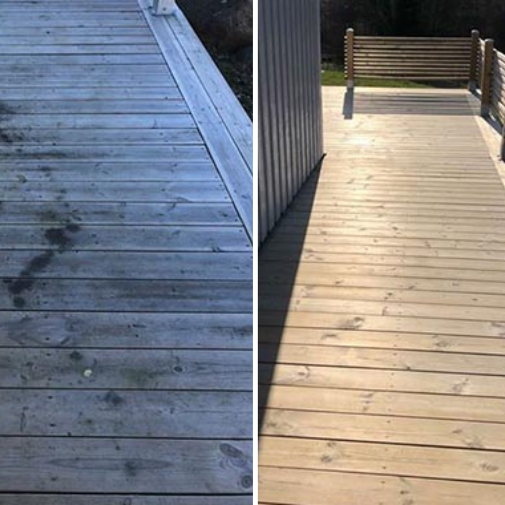 Rengjord trall med såpa – en före- och efterbild av ett trädäck där den ena sidan är mörk och smutsig och den andra ljus och ren efter tvätt.