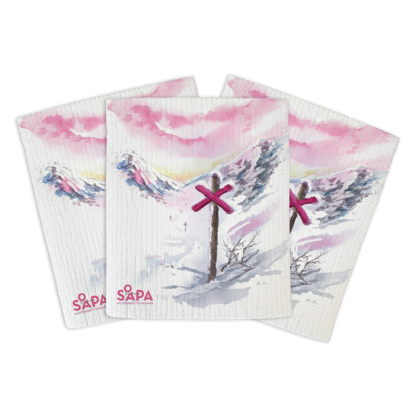 Tre disktrasor från Västerbottenssåpa med Rosa Bandet-motiv, framtagen till stöd för Bröstcancerfonden