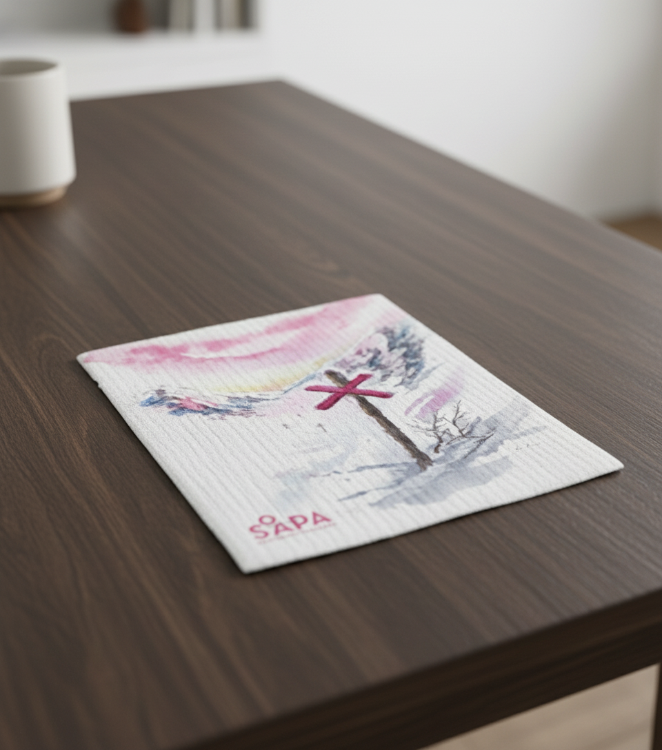 Disktrasa med rosa motiv från Västerbottenssåpa, placerad på ett mörkt träbord.