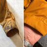 Före och efterbild på en gul skjortärm med missfärgningar, behandlad med såpa. Tar bort ingrodd smuts utan att använda starka kemikalier, och är mild mot tyget.